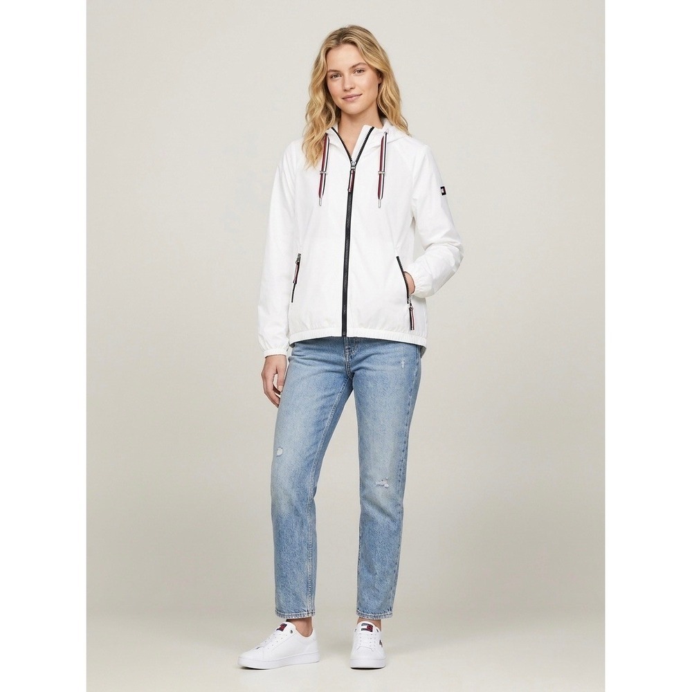 Tommy Hilfiger Womens White Hooded Windbreaker Jacket Mesh Lined Size M